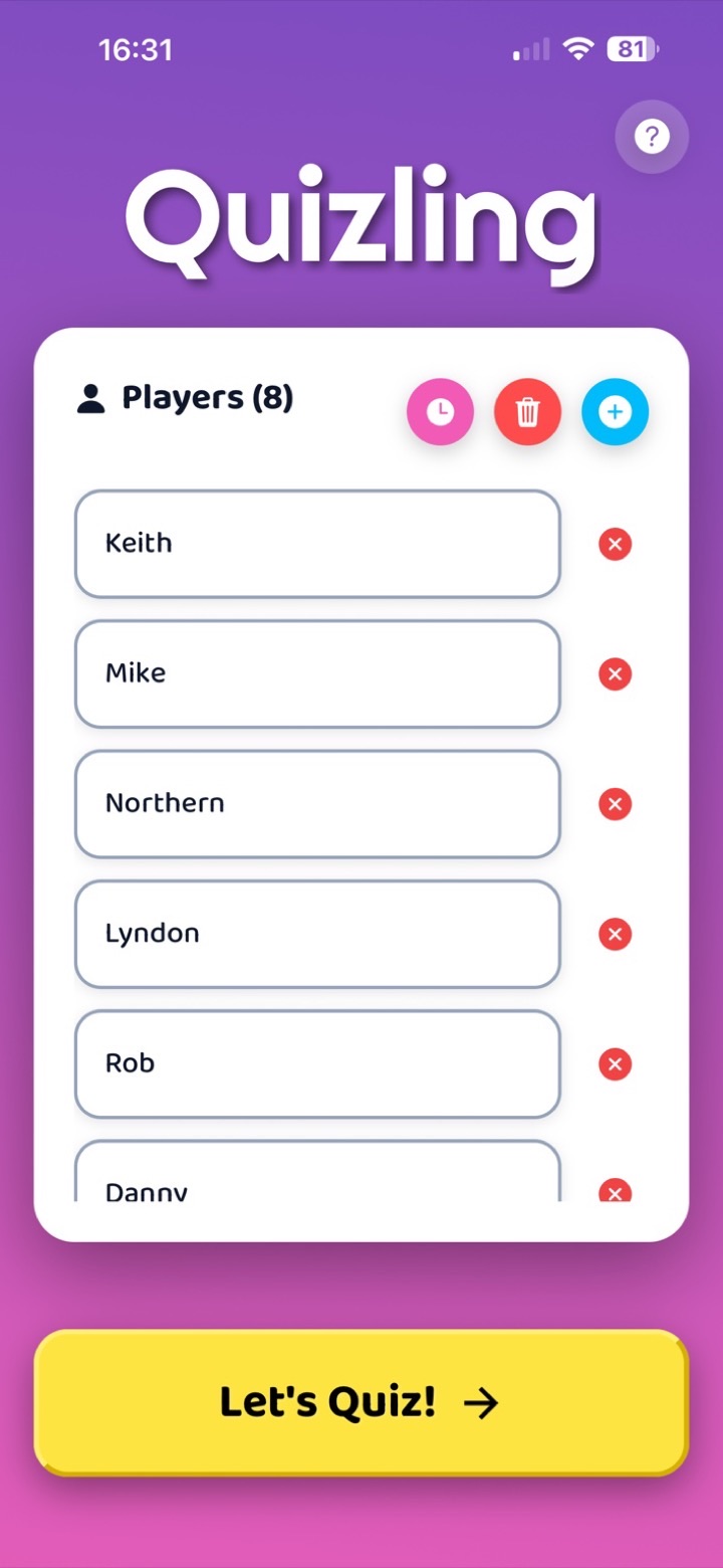 The Quizling pub quiz app showing a list of players ready to start a quiz
