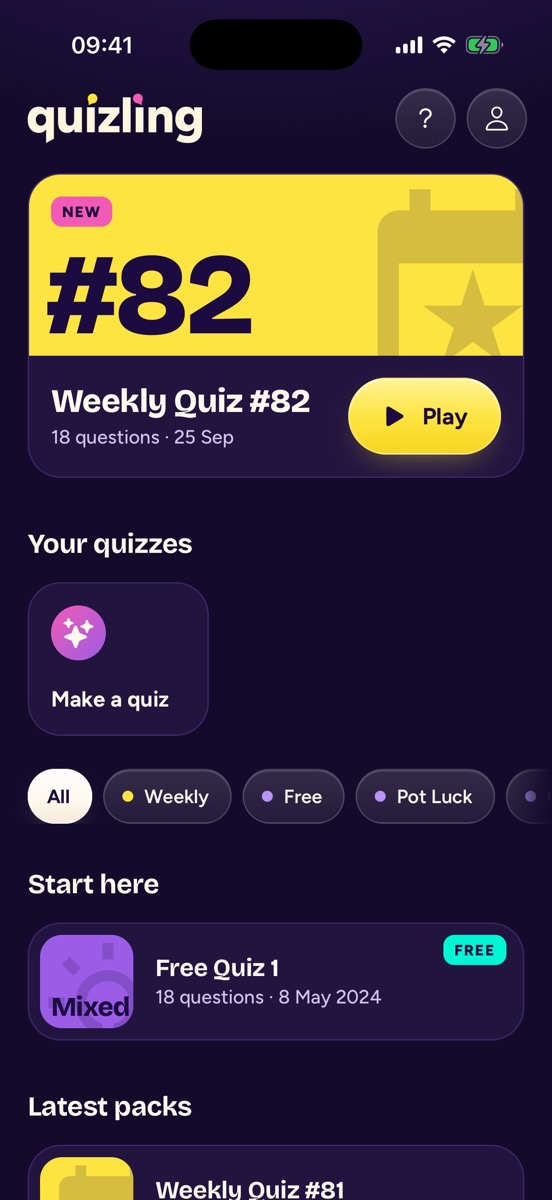 Quizling home screen with this week's quiz and a list of quiz packs