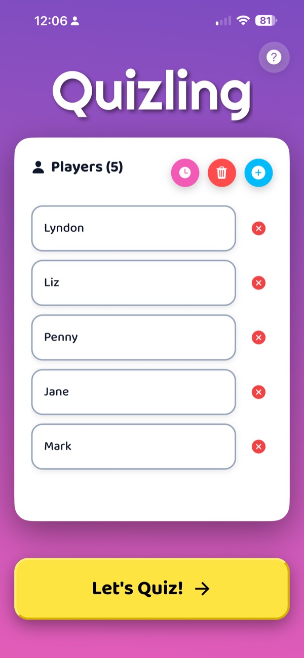 Adding players to a pub quiz in the Quizling app