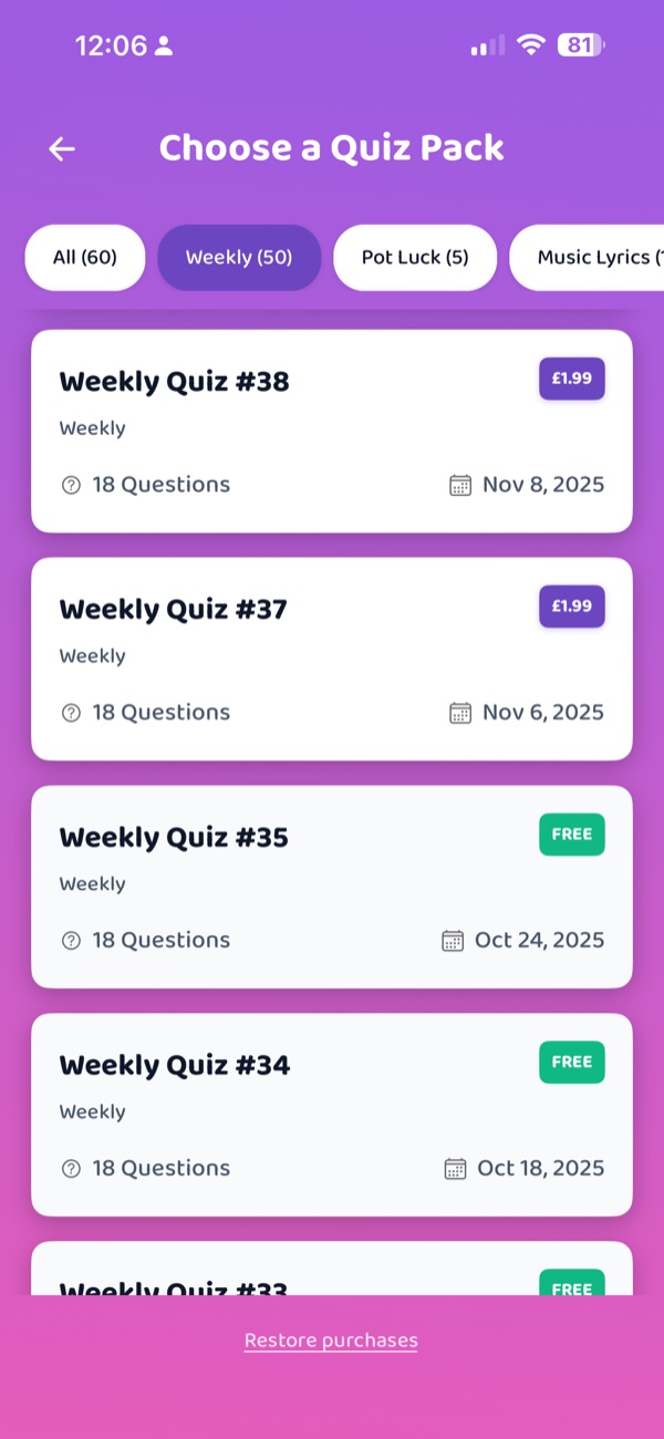 Browsing weekly quizzes and specialist quiz packs in Quizling