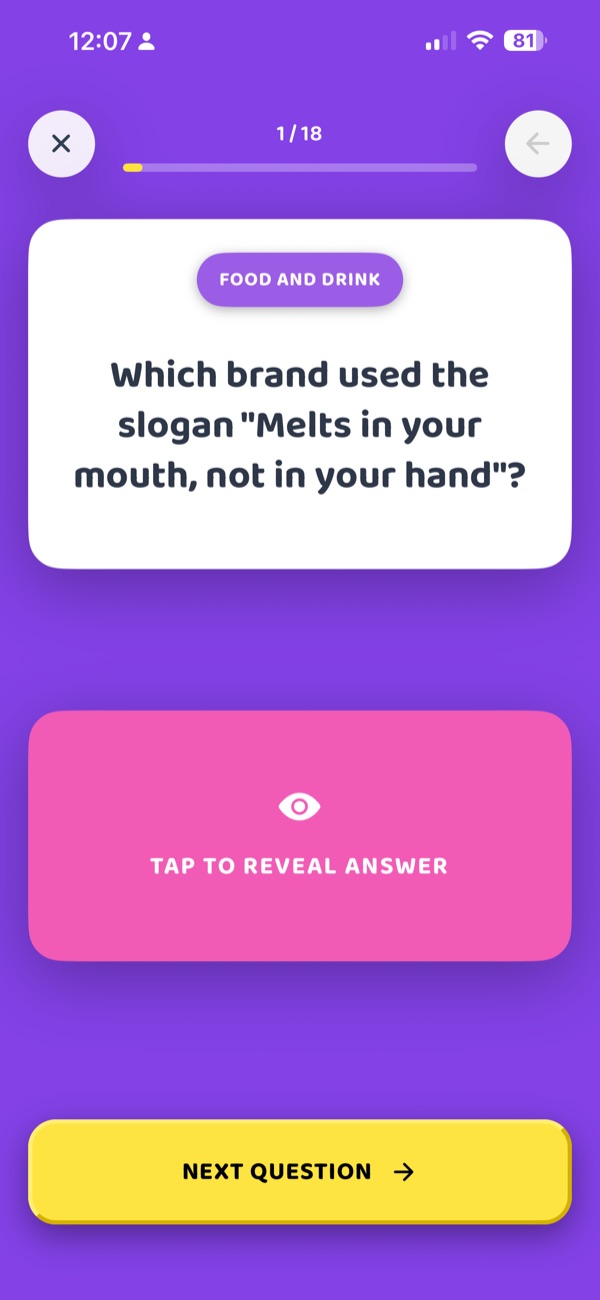 A food and drink quiz question with tap to reveal the answer
